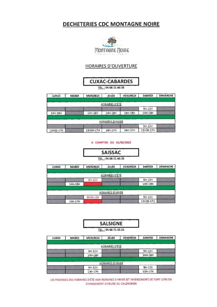 NOUVEAUX HORAIRES DECHETERIE