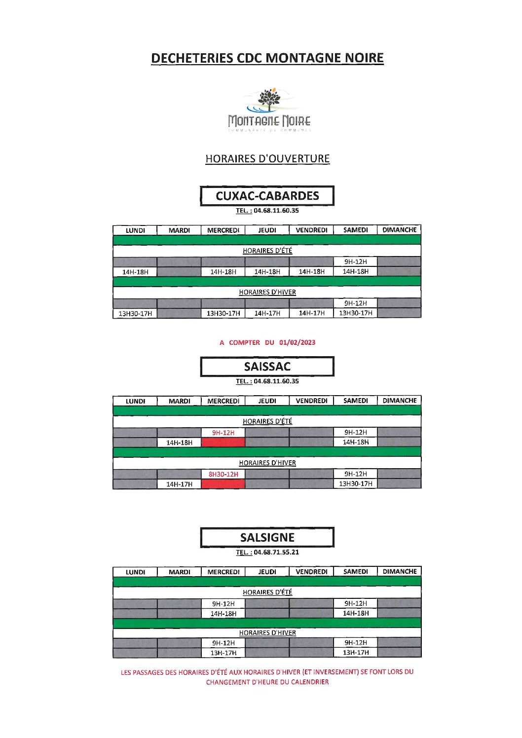 NOUVEAUX HORAIRES DECHETERIE