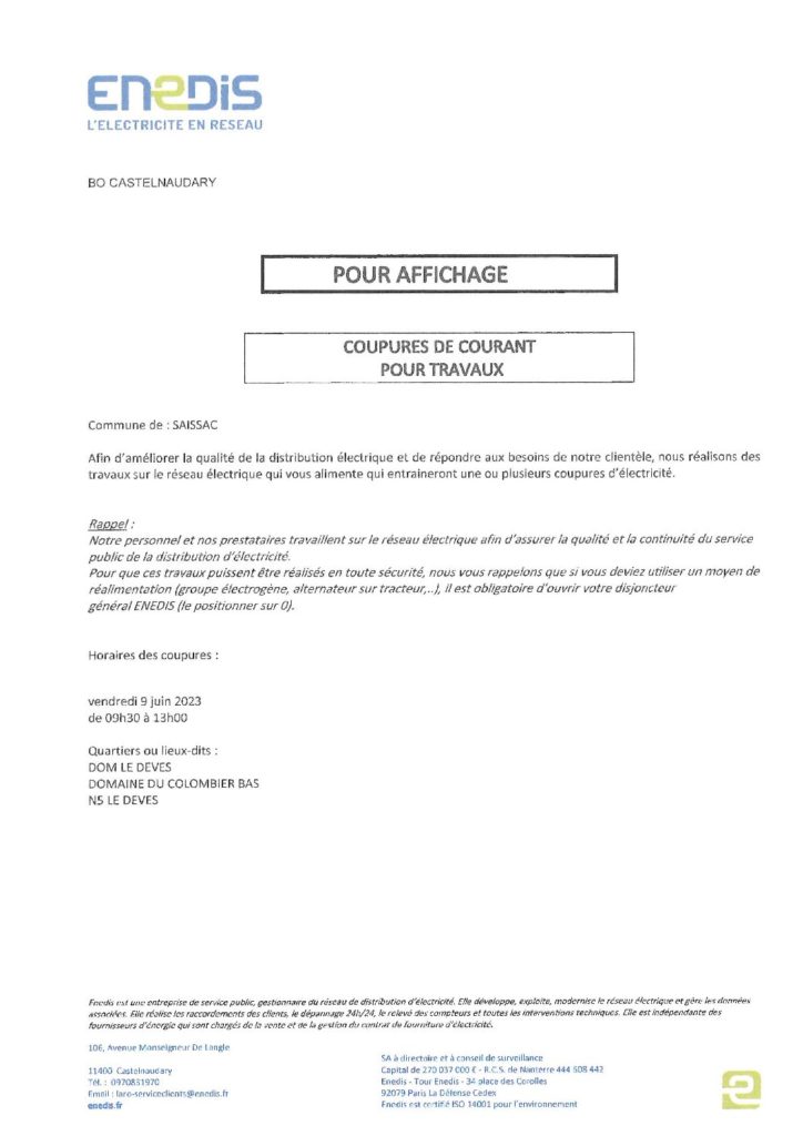 Coupures de courant pour travaux