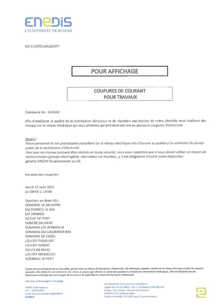 Coupures de courant pour travaux