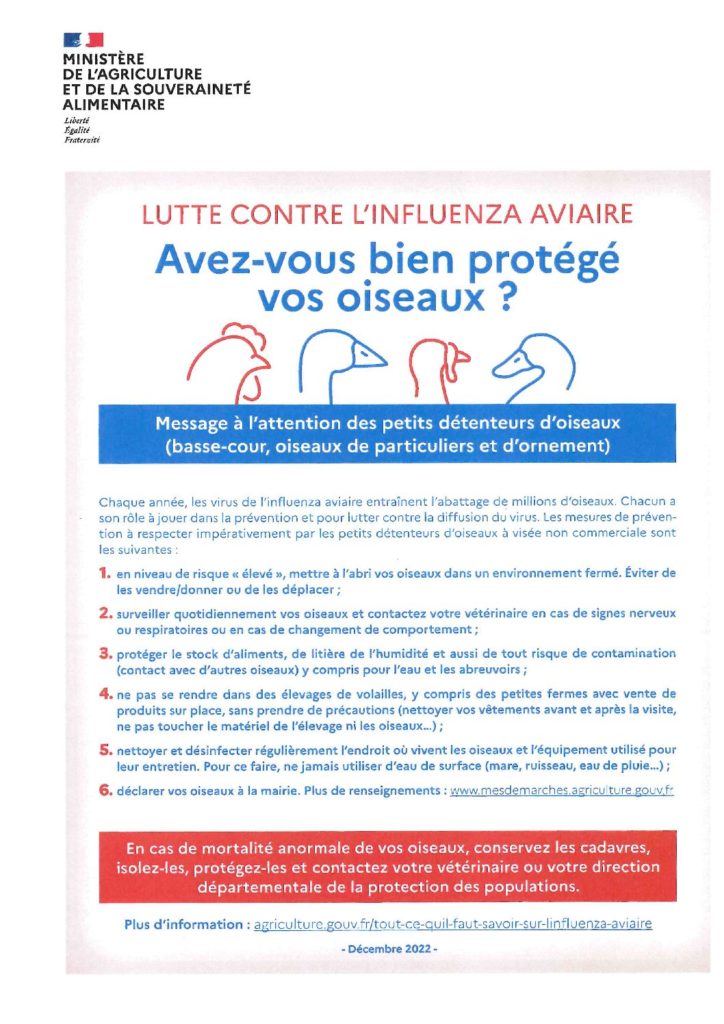 Relèvement du niveau de risque influenza aviaire