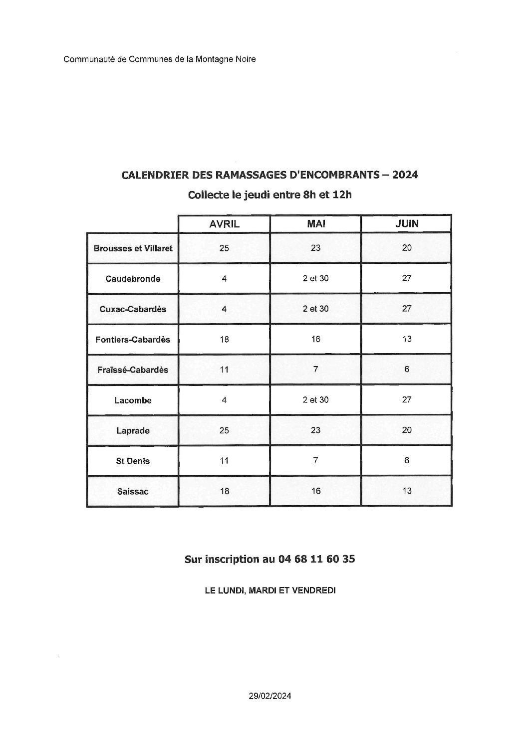 Calendrier du ramassage des encombrants