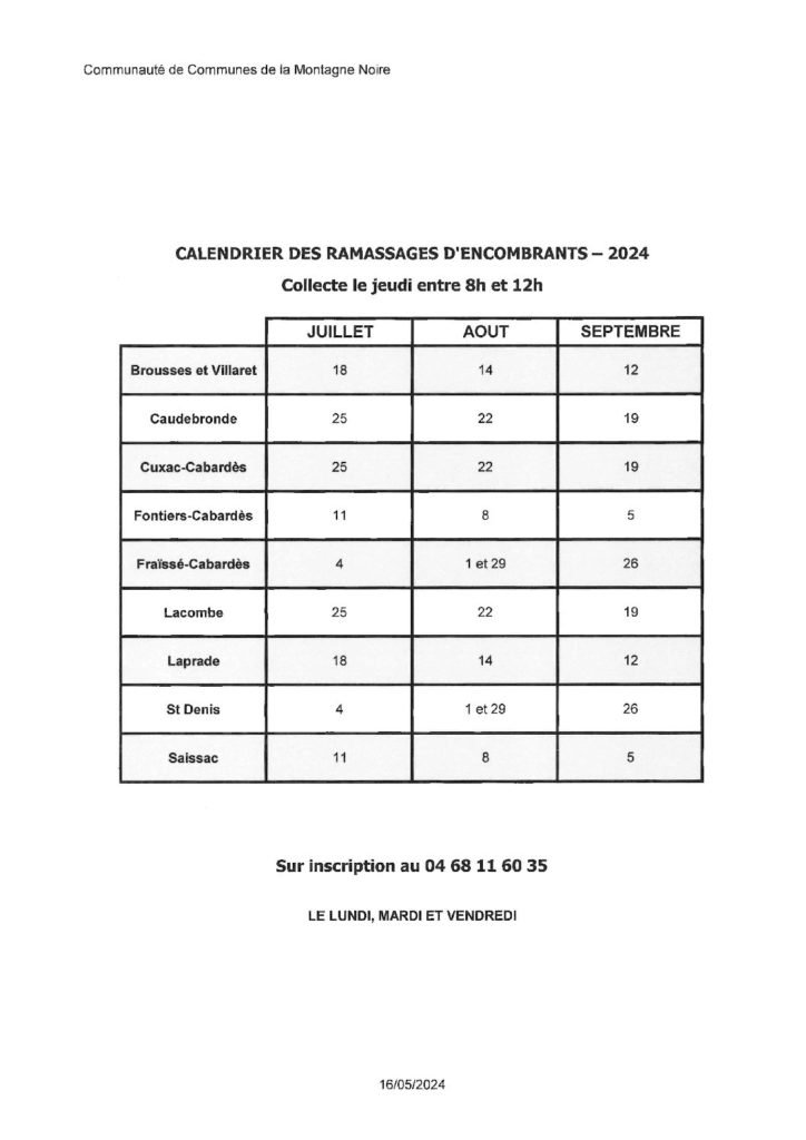 Calendrier du passage des encombrants 3ème trimestre