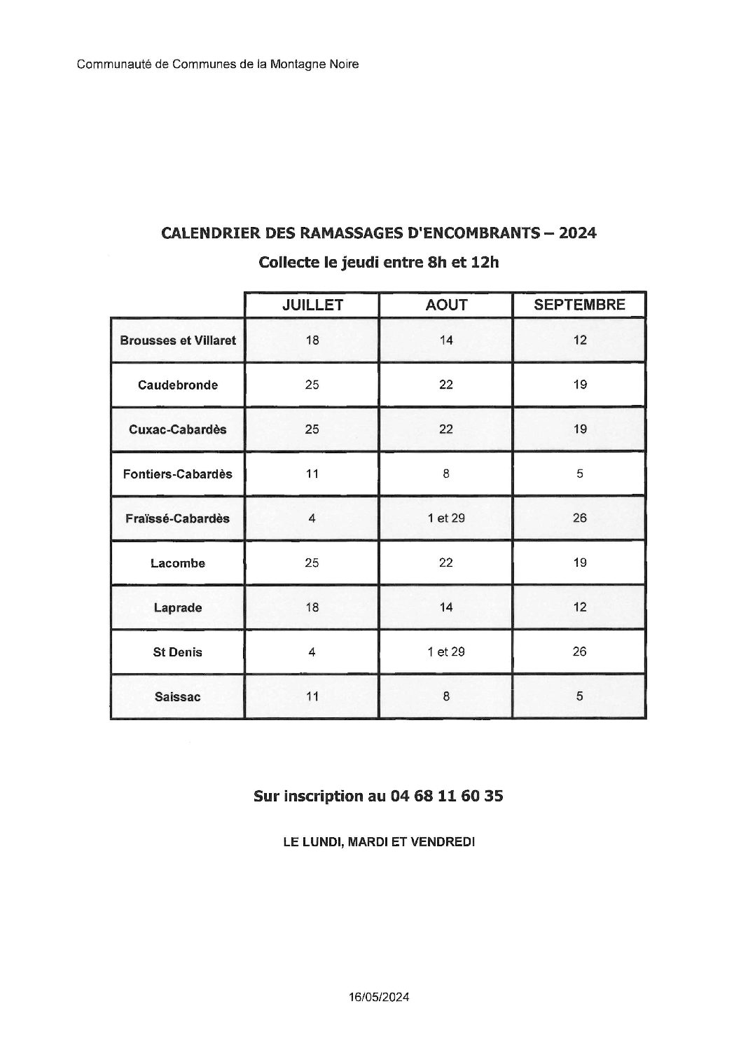 Calendrier du passage des encombrants 3ème trimestre