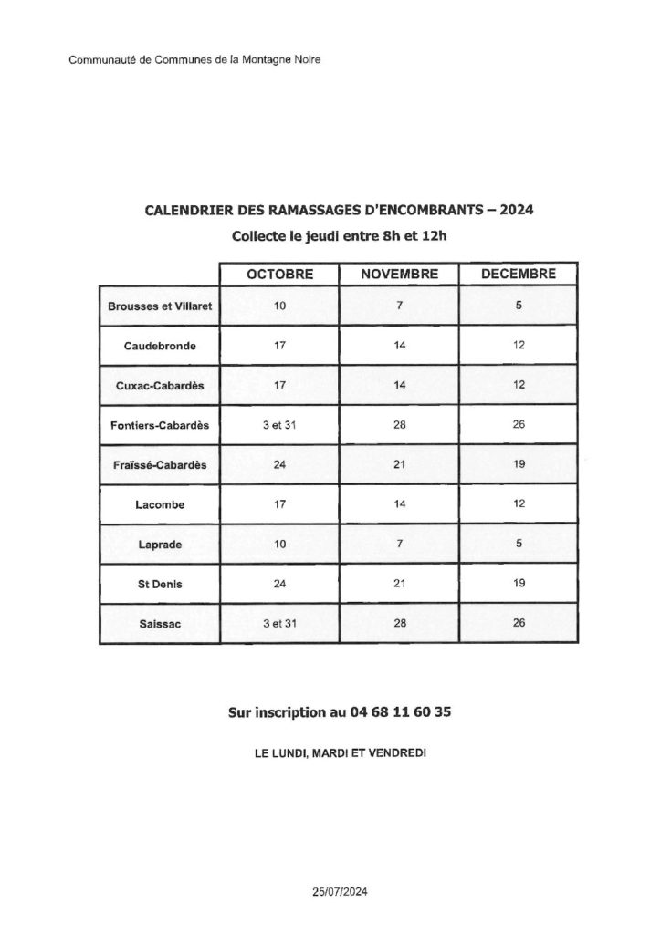 calendrier des ramassages d'encombrants 4ème trimestre 2024