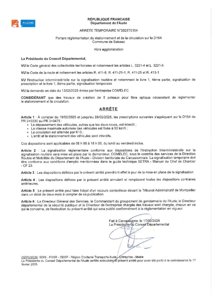Arrêté temporaire n°2025T0154