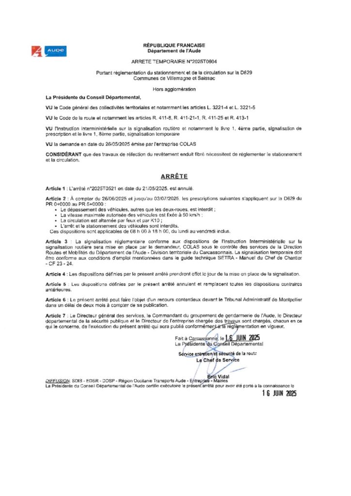 ARRETE TEMPORAIRE N°2025T0604