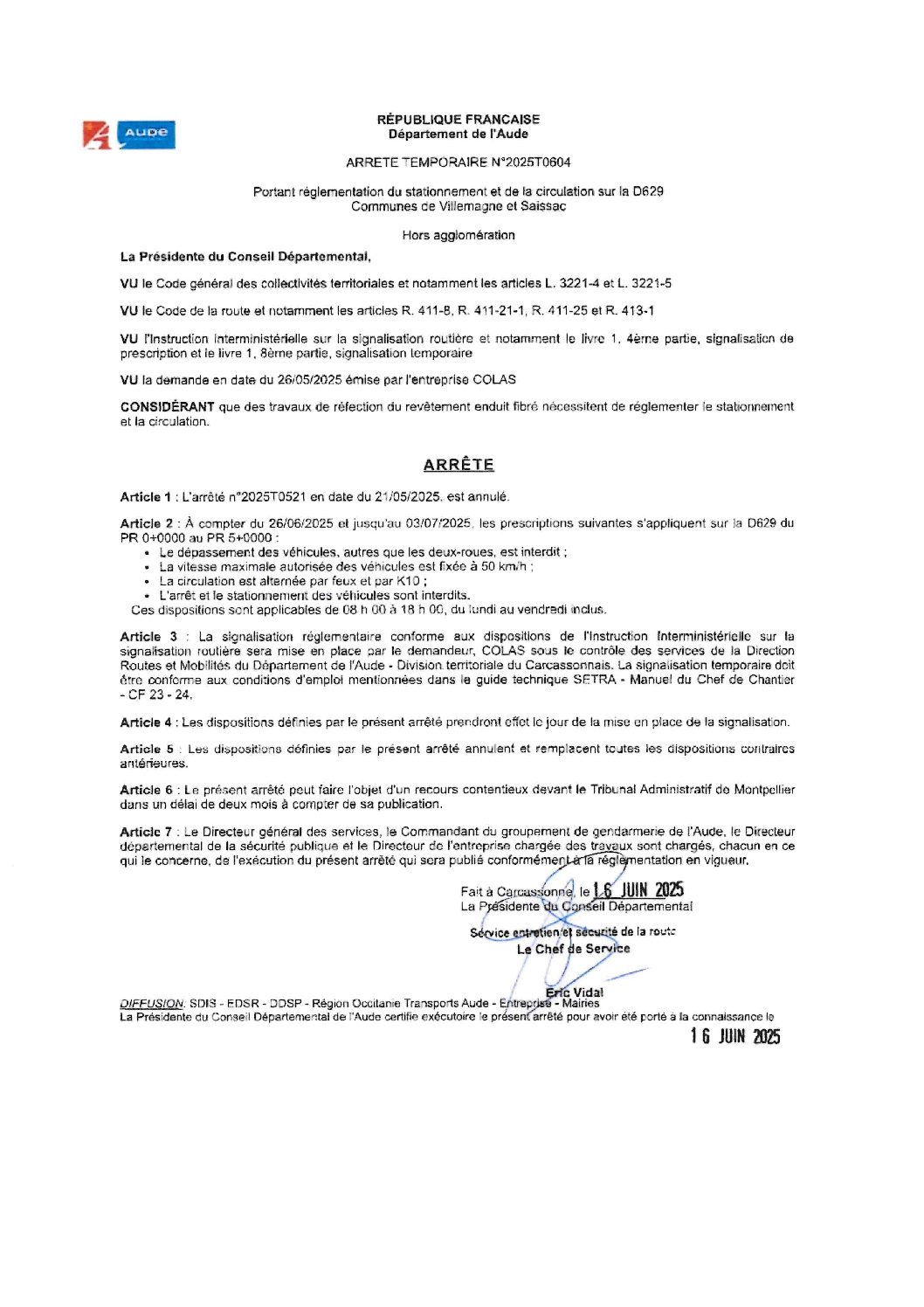 ARRETE TEMPORAIRE N°2025T0604