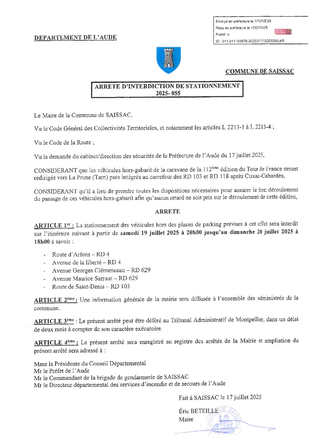 Arrêté d’interdiction stationner