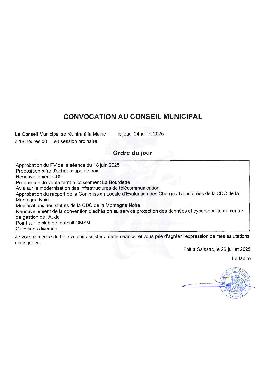 Réunion du Conseil Municipal