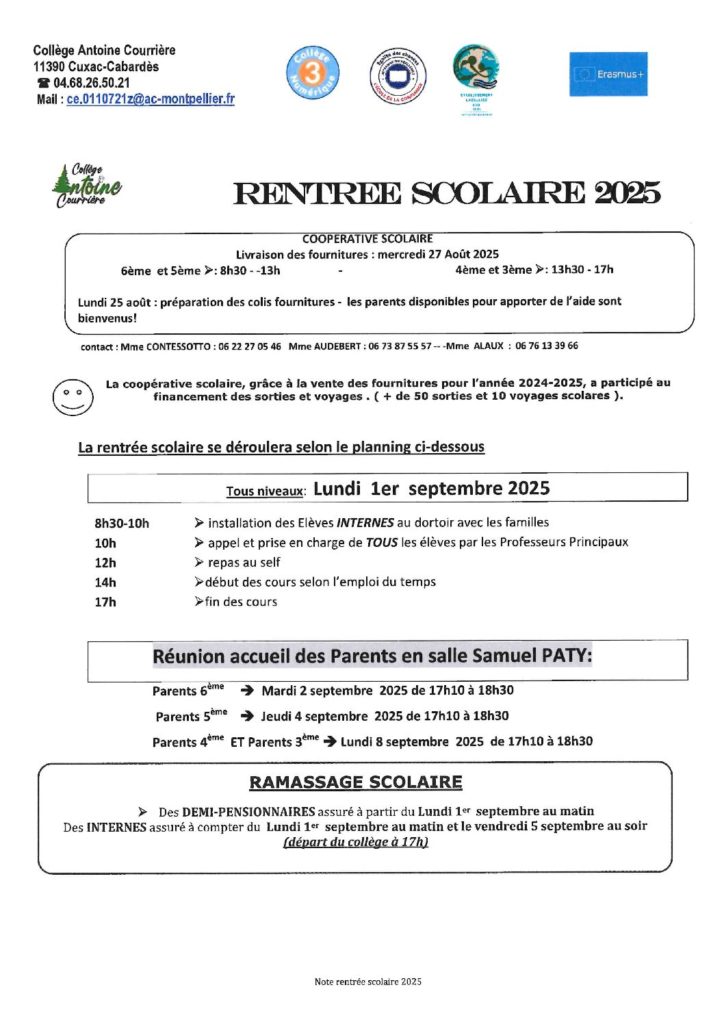 Rentrée scolaire 2025 - collège Antoine Courrière