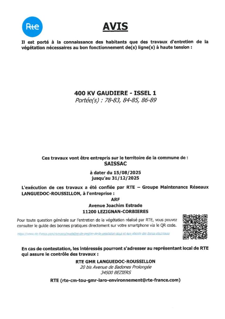 AVIS AUX HABITANTS DE SAISSAC
