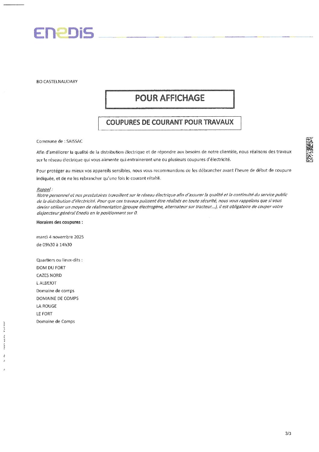 Coupures de courant pour travaux