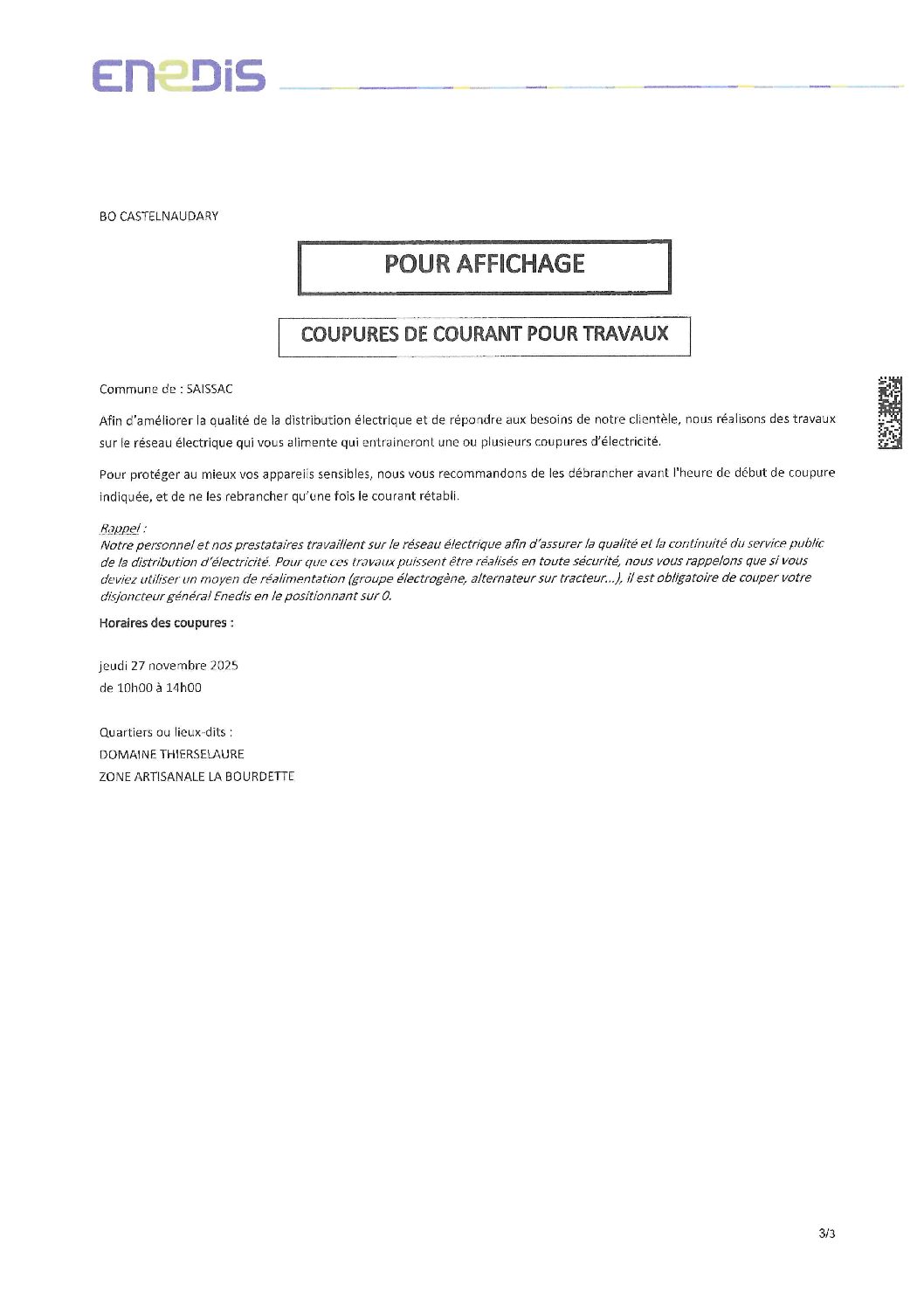 Coupures de courant pour travaux