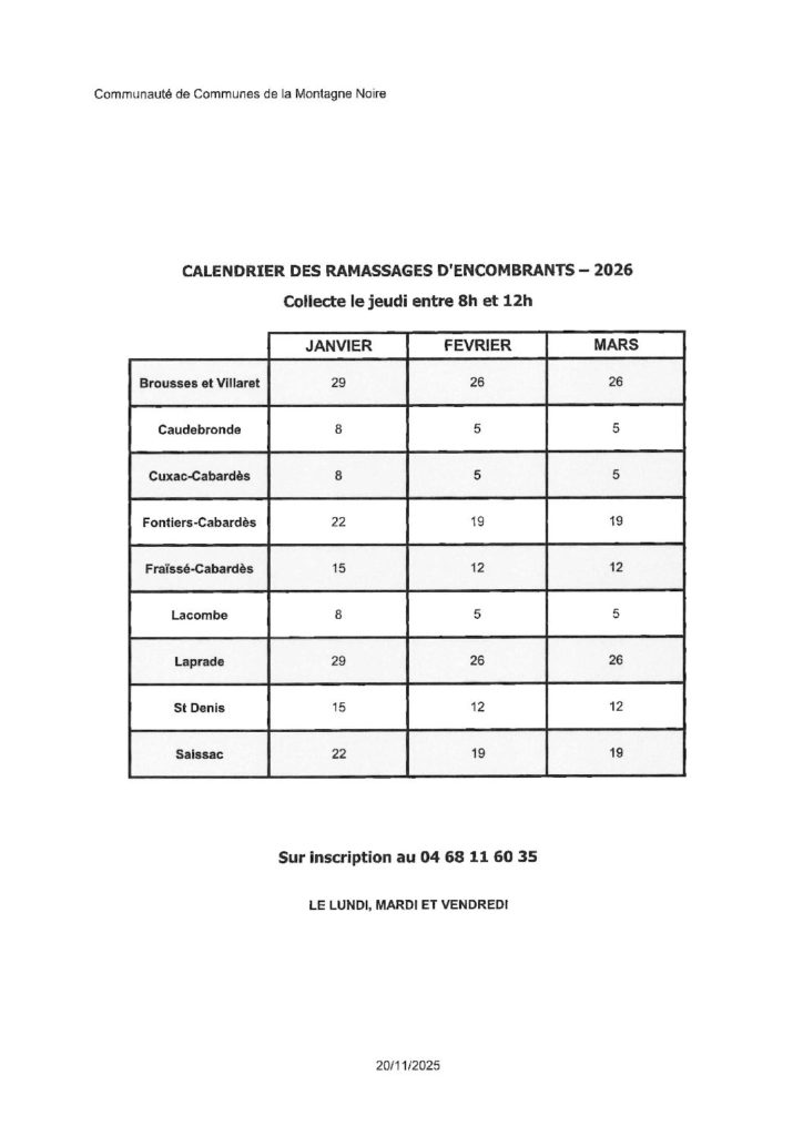 Calendrier des ramassages d'encombrants par la CDC de la Montagne Noire