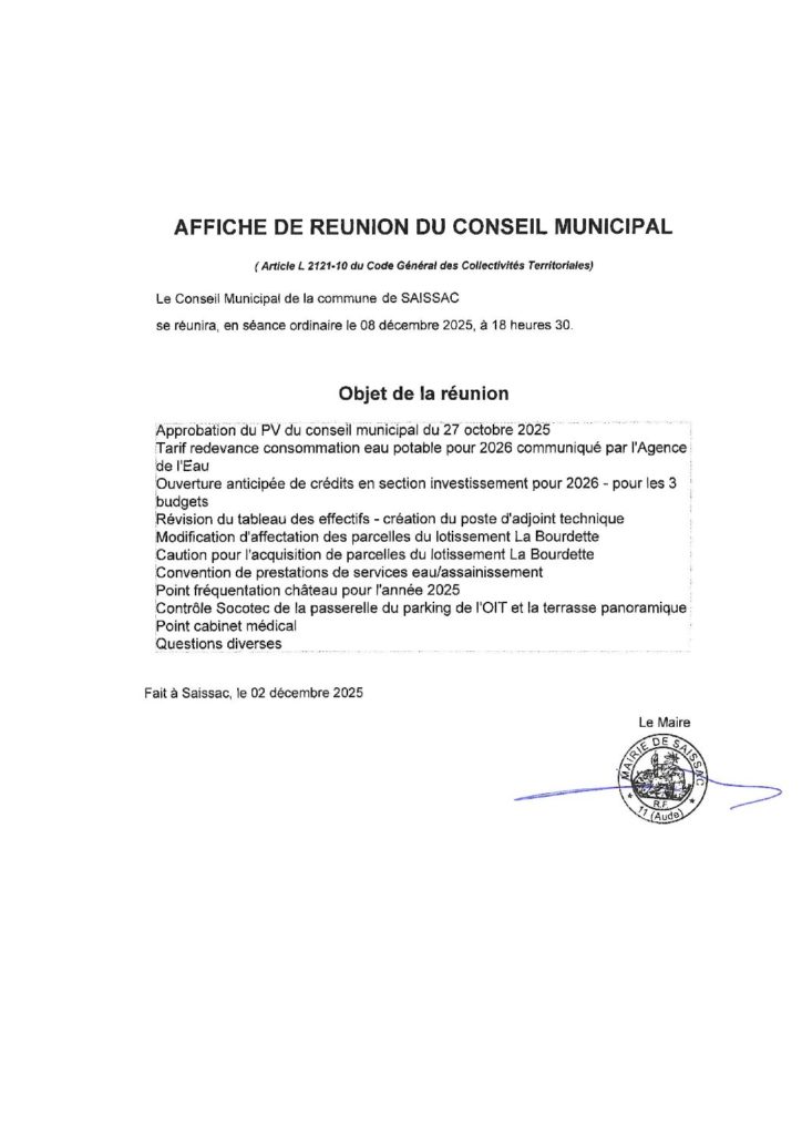Prochain Conseil Municipal de Saissac