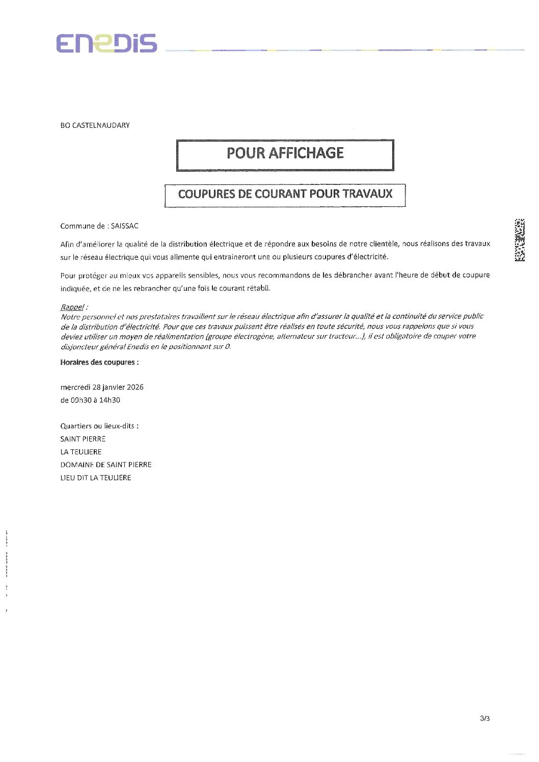 Coupures de courant pour travaux