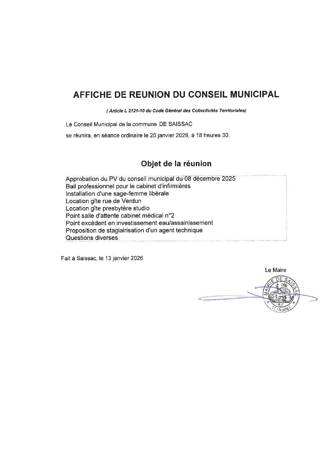 Prochain Conseil Municipal de Saissac