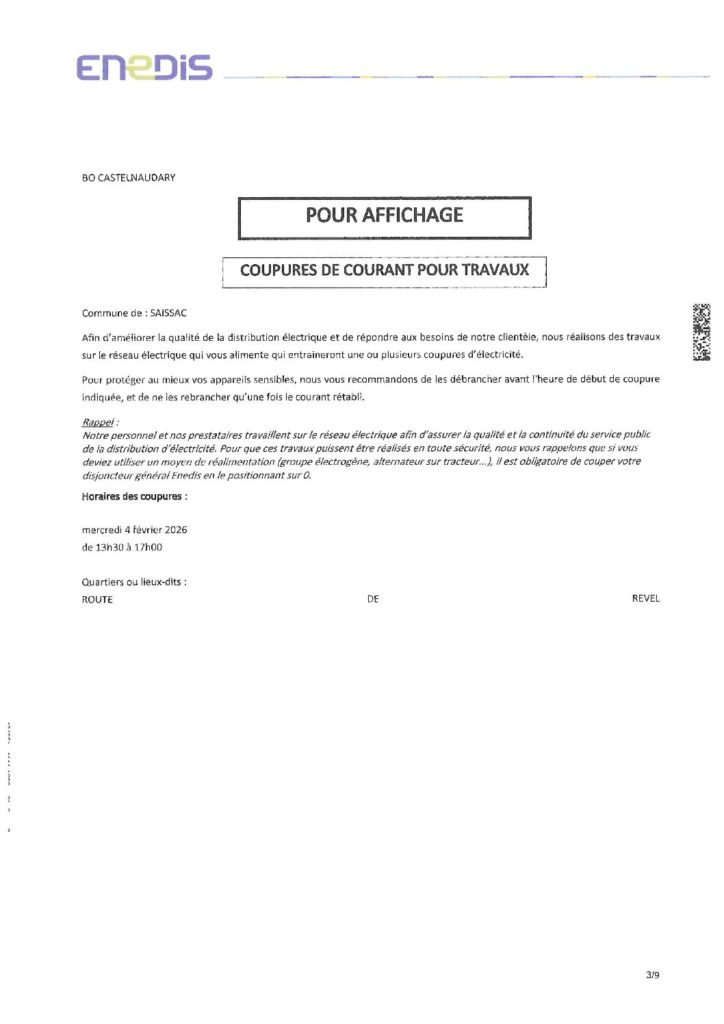 Coupures de courant pour travaux le 04/02/2026