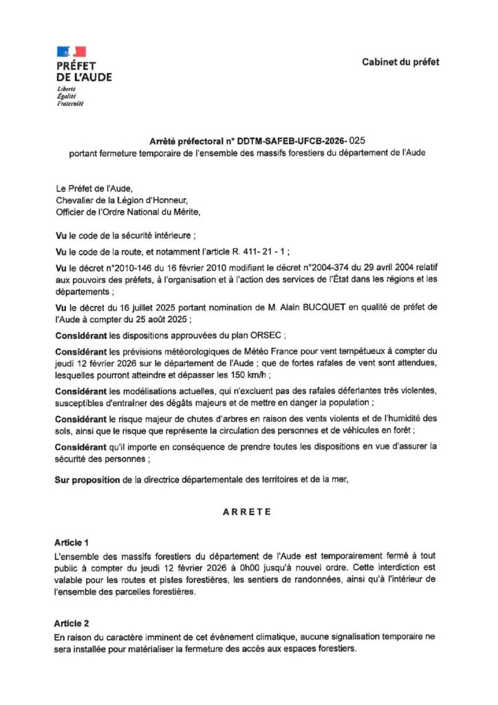 Fermeture  temporaire de l'ensemble des massifs forestiers dans l'Aude