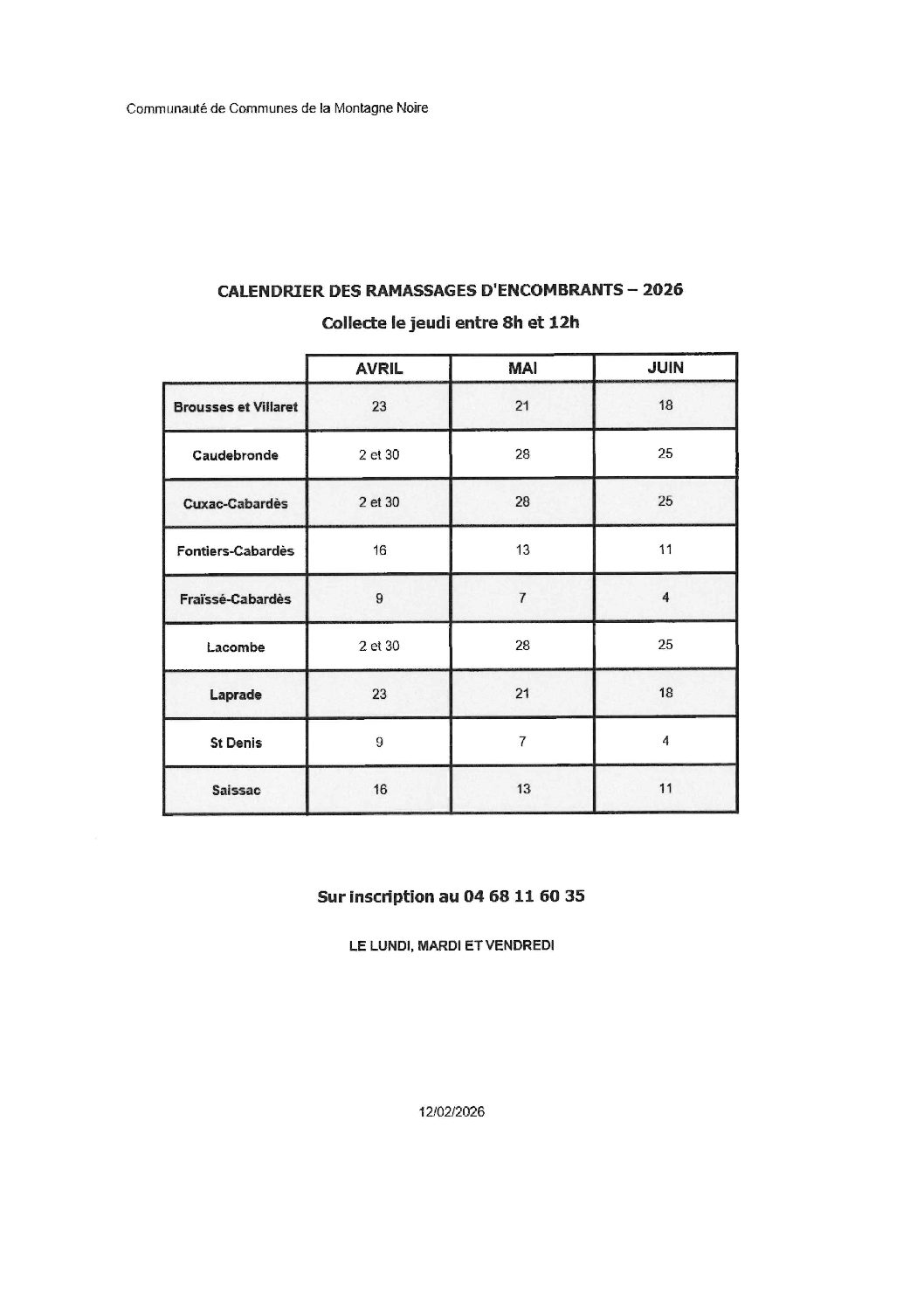 Calendrier des ramassages d&rsquo;encombrants par la CDC de la Montagne Noire
