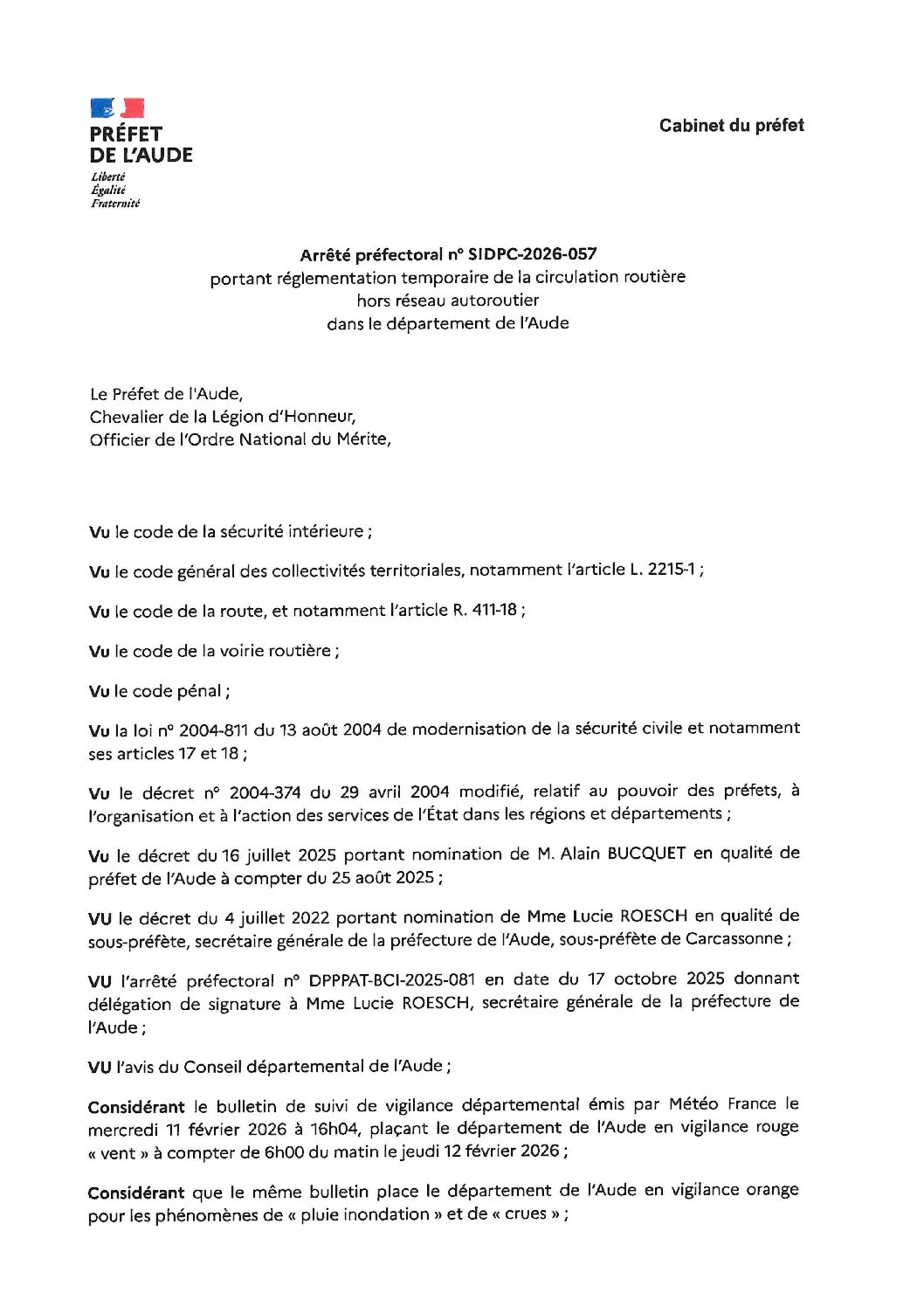 Arrêté préfectoral n° SIDPC-2026-057