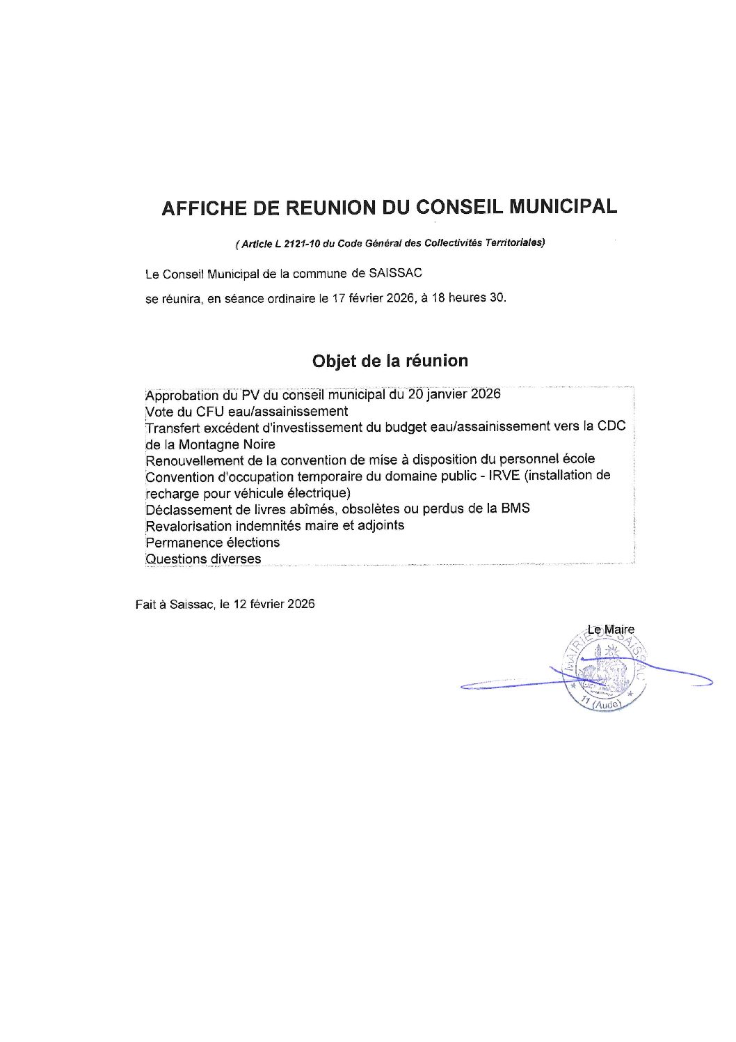 Prochain conseil municipal de Saissac