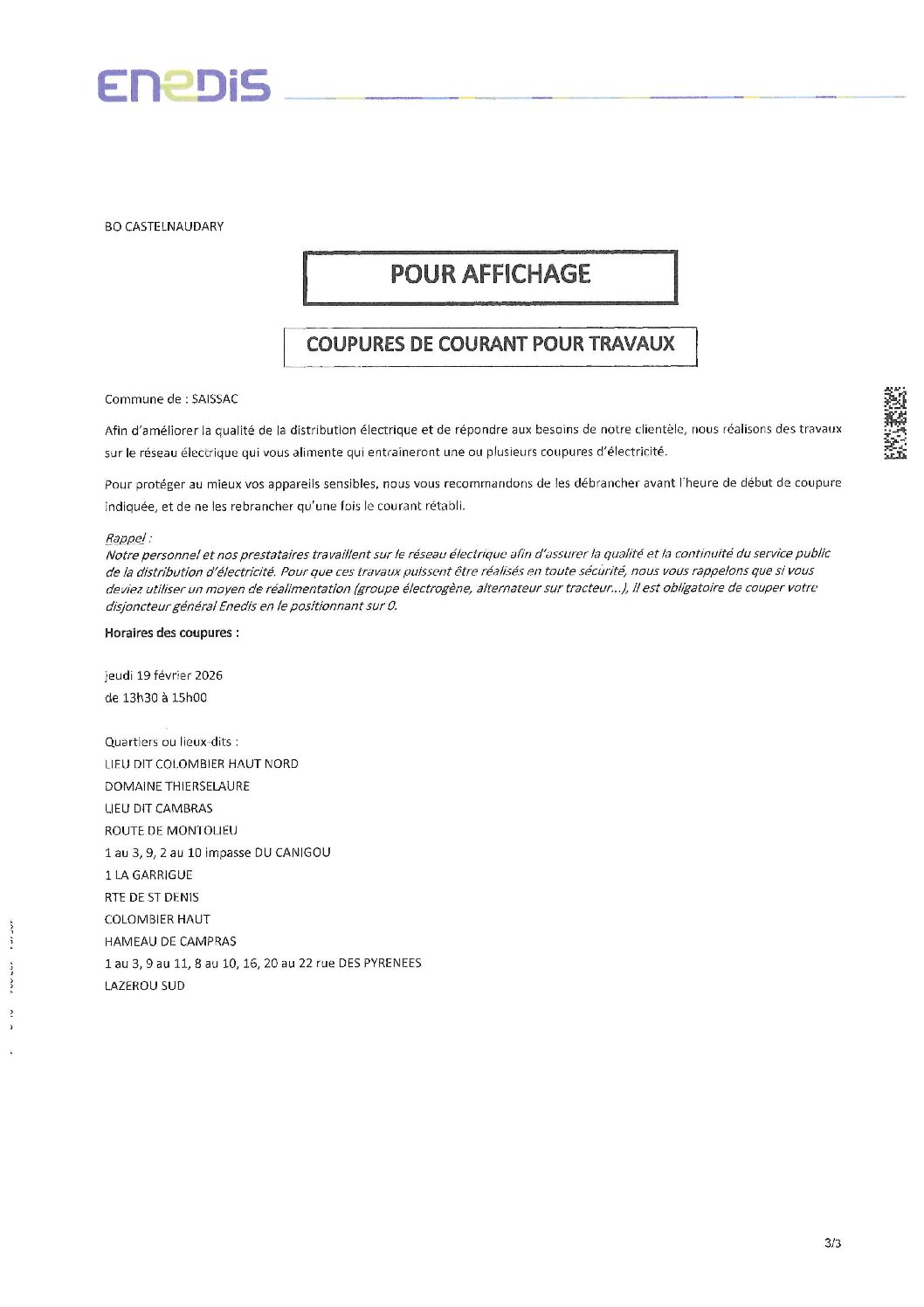 Coupures de courant pour travaux