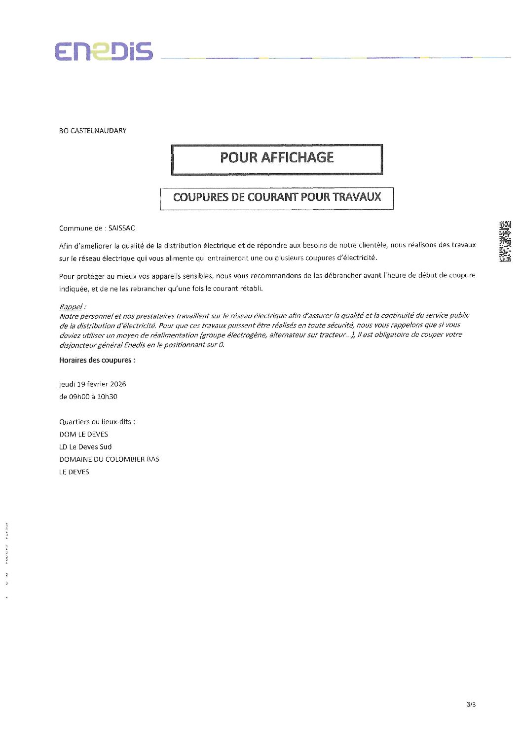 Coupures de courant pour travaux