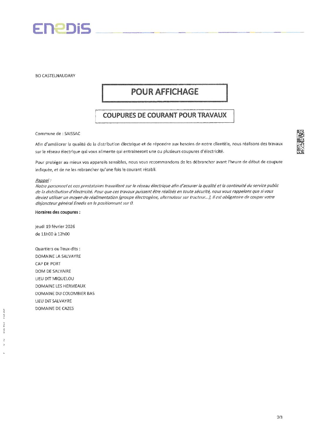 Coupures de courant pour travaux