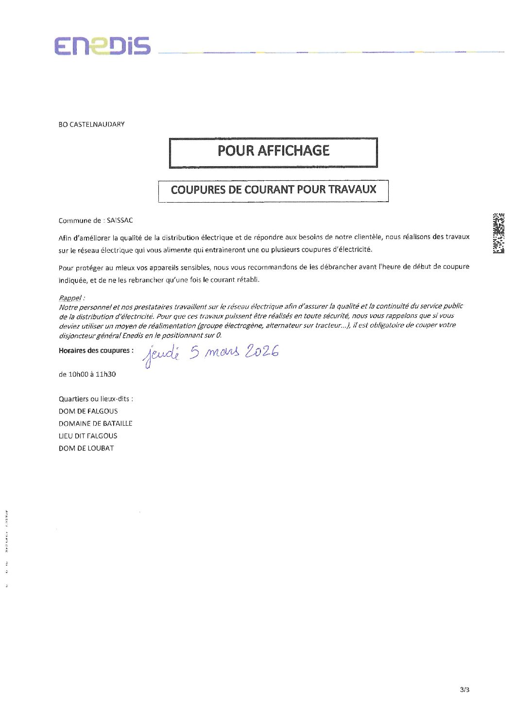 Coupures de courant pour travaux