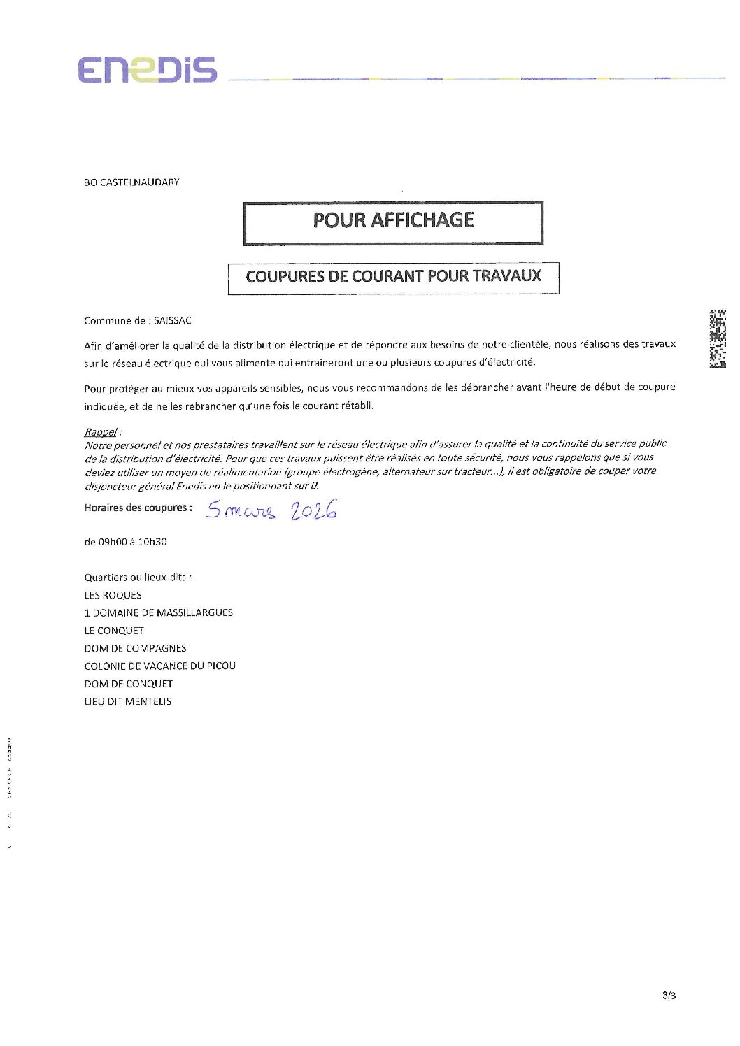 Coupures de courant pour travaux