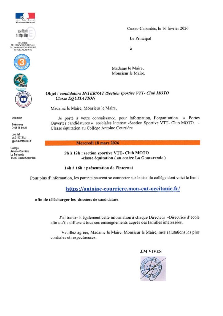 Portes ouvertes candidatures - collège Antoine Courrière