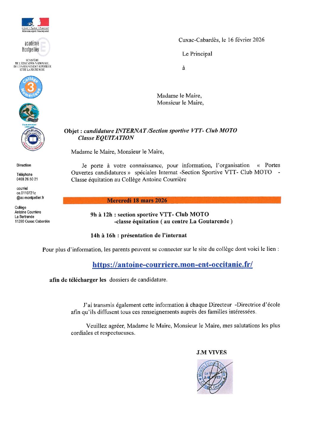 Portes ouvertes candidatures – collège Antoine Courrière