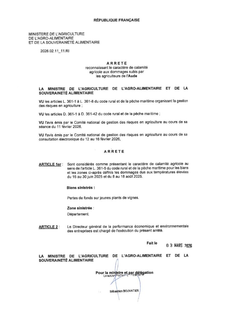 Arrêté reconnaissant le caractère de calamité agricole aux dommages subis par les agriculteurs de l'Aude