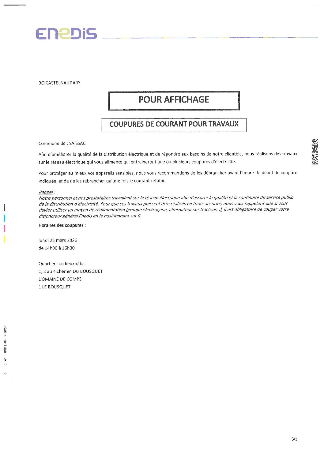 Coupures de courant pour travaux