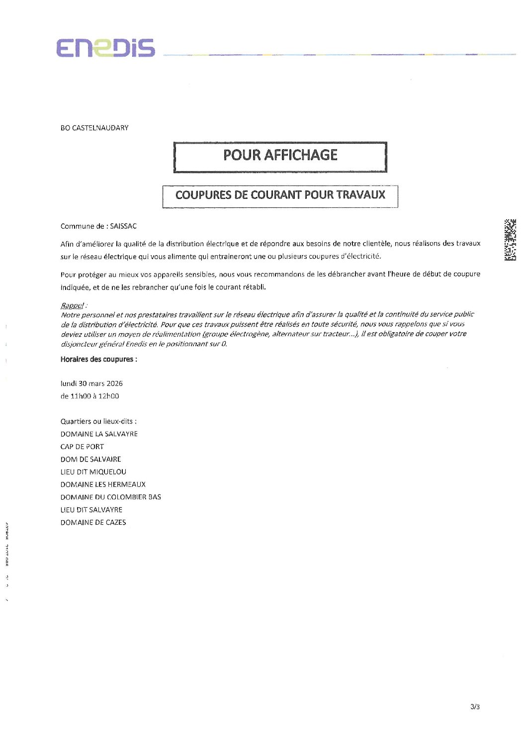 Coupures de courant pour travaux