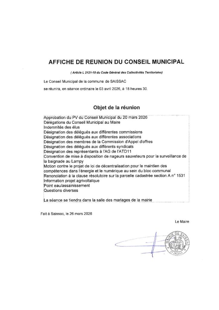 Prochain conseil municipal de Saissac
