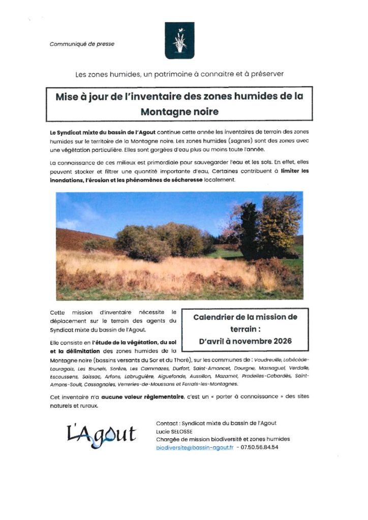 Mise à jour de l'inventaire des zones humides de la Montagne Noire