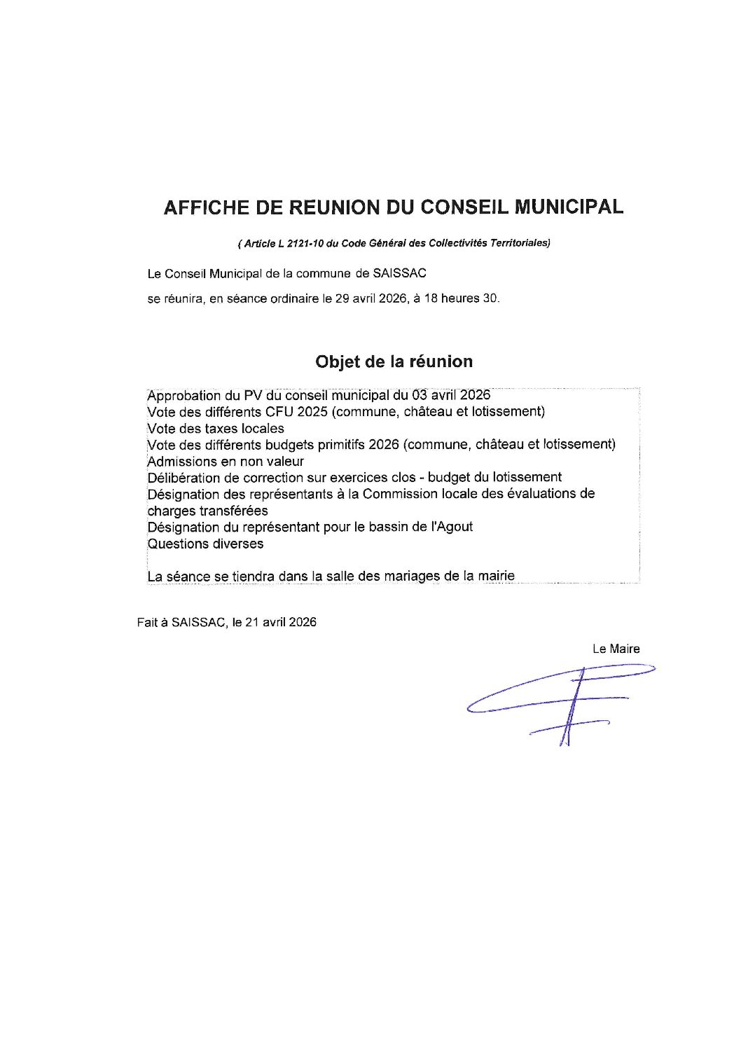 Prochaine réunion du Conseil Municipal