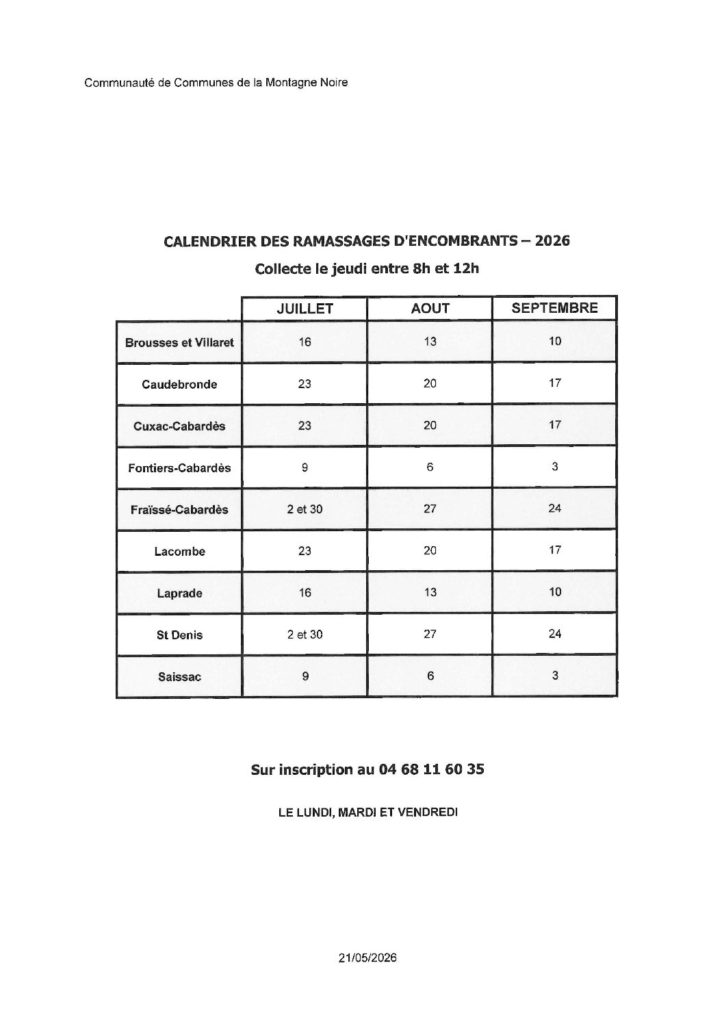 Calendrier des ramassages d'encombrants 2026