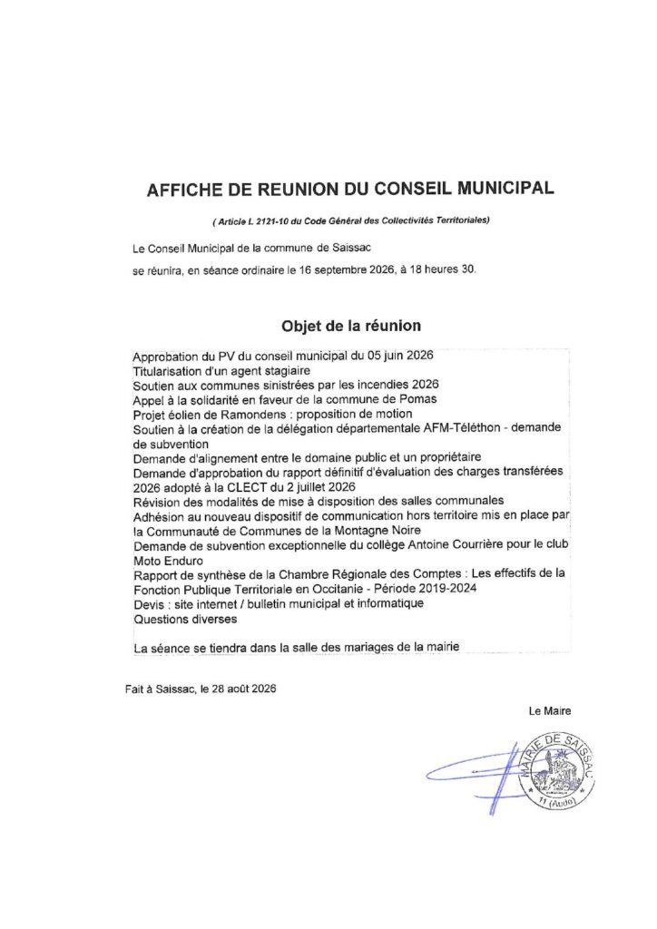 Prochain conseil municipal de Saissac