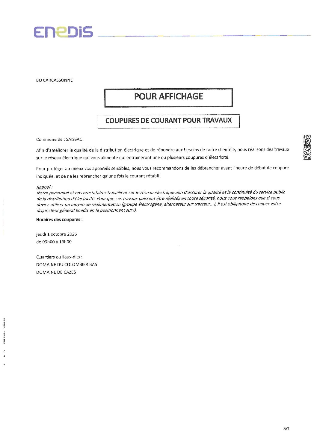 coupures de courant pour travaux