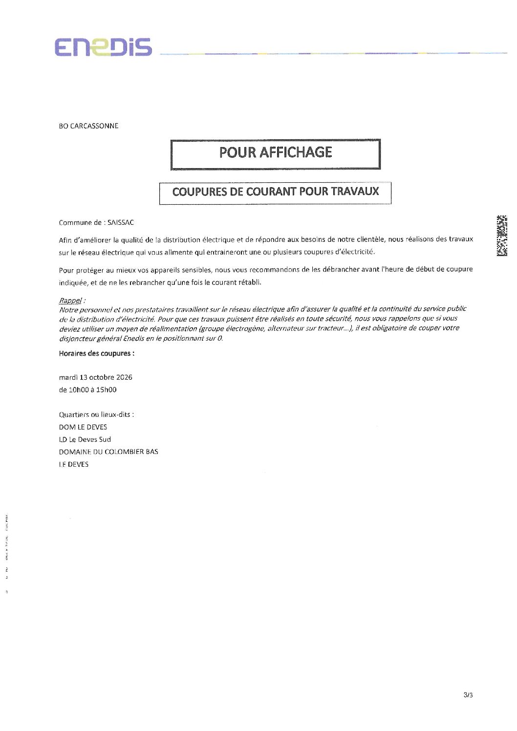 coupures de courant pour travaux