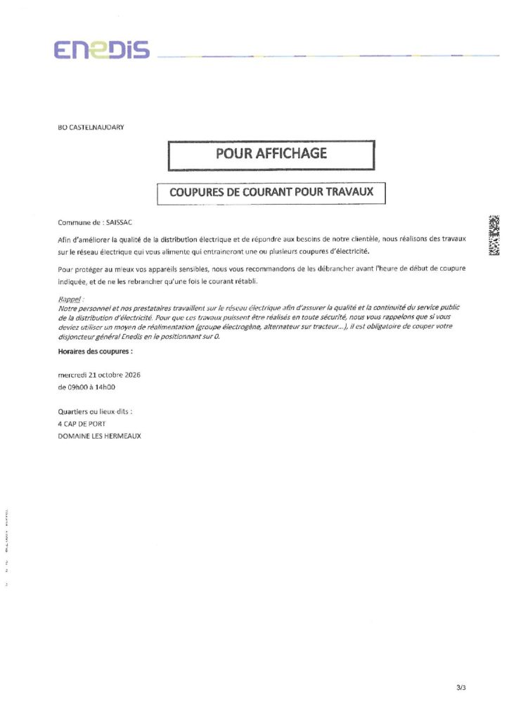 COUPURES DE COURANT POUR TRAVAUX