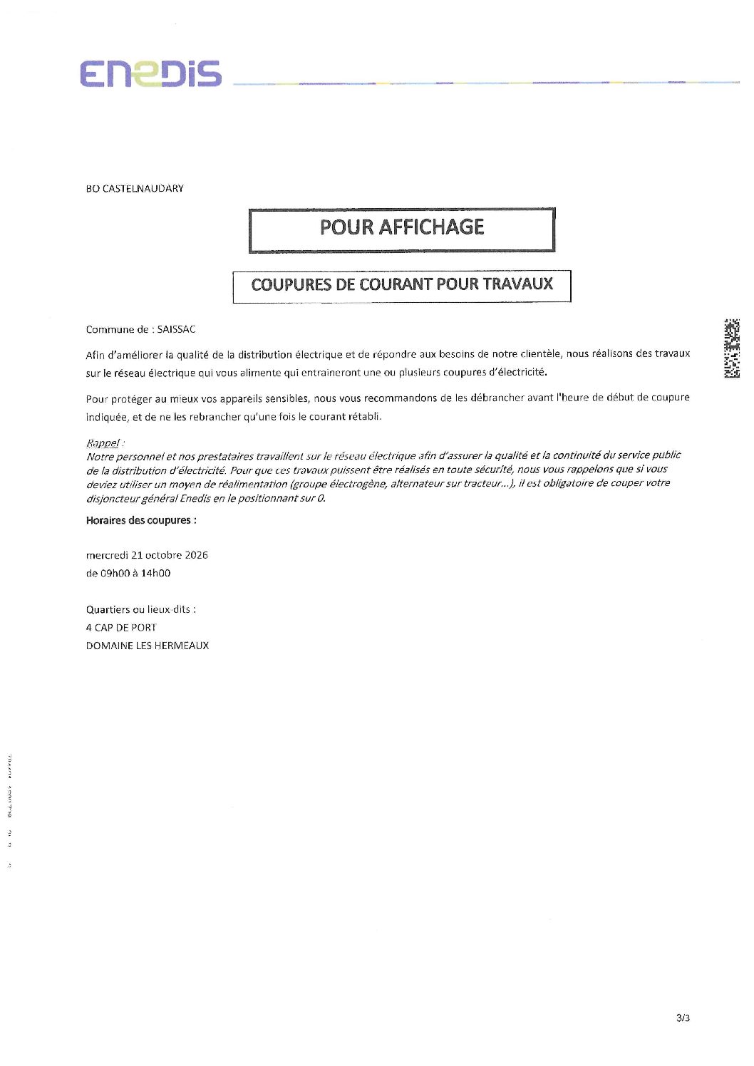 COUPURES DE COURANT POUR TRAVAUX