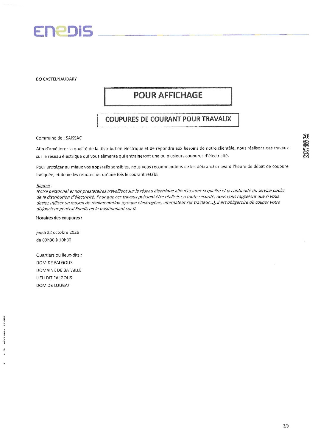 COUPURES DE COURANT POUR TRAVAUX