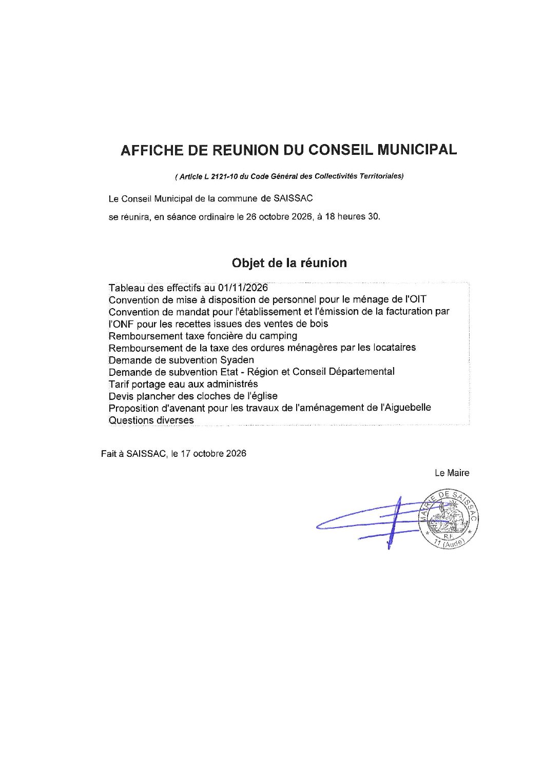 Prochain conseil municipal